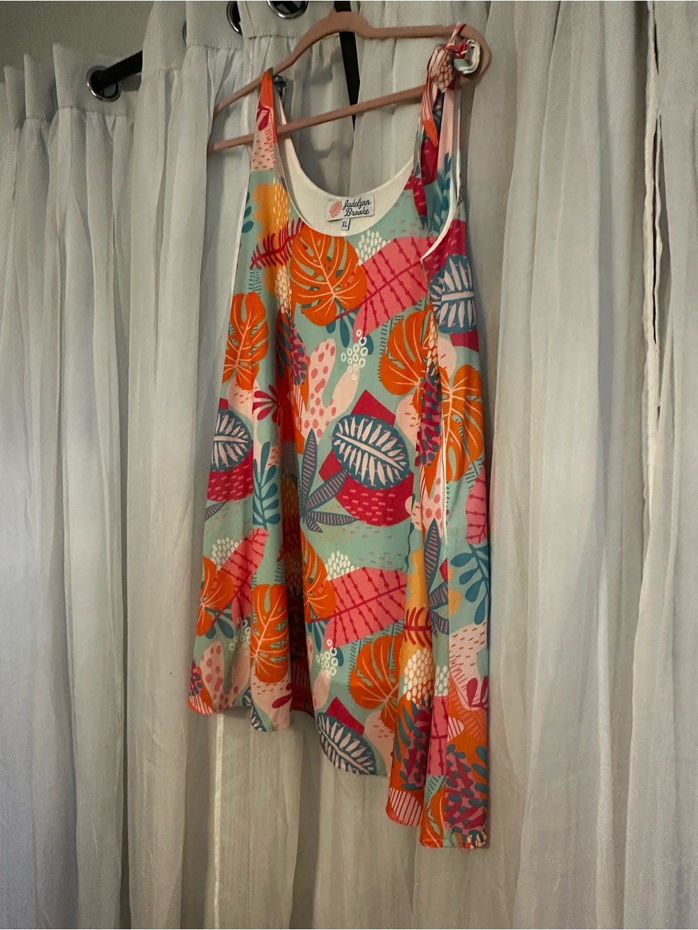Jadelynn Brooke Lightweight Tropical Tie-Shoulder Dress in Aqua & Orange - Picture 4 of 8